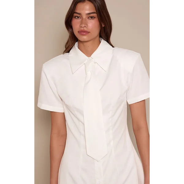 Blanc Robe Chemise À Manches Courtes Avec Détail Nœud