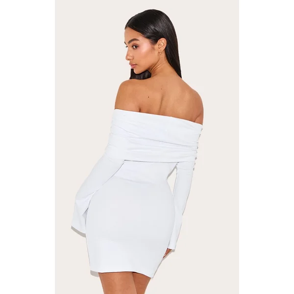 Blanc Robe Courte Moulante Petite Taille À Encolure Bandeau Drapée Et Manches Longues