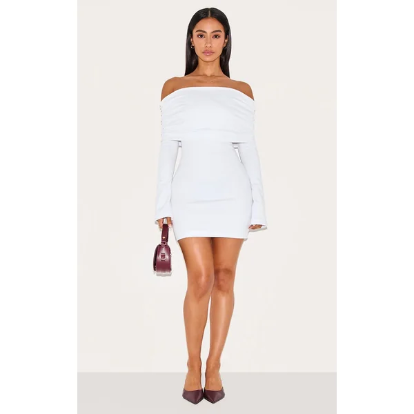 Blanc Robe Courte Moulante Petite Taille À Encolure Bandeau Drapée Et Manches Longues