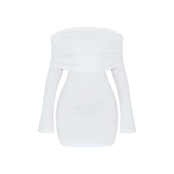 Blanc Robe Courte Moulante Petite Taille À Encolure Bandeau Drapée Et Manches Longues