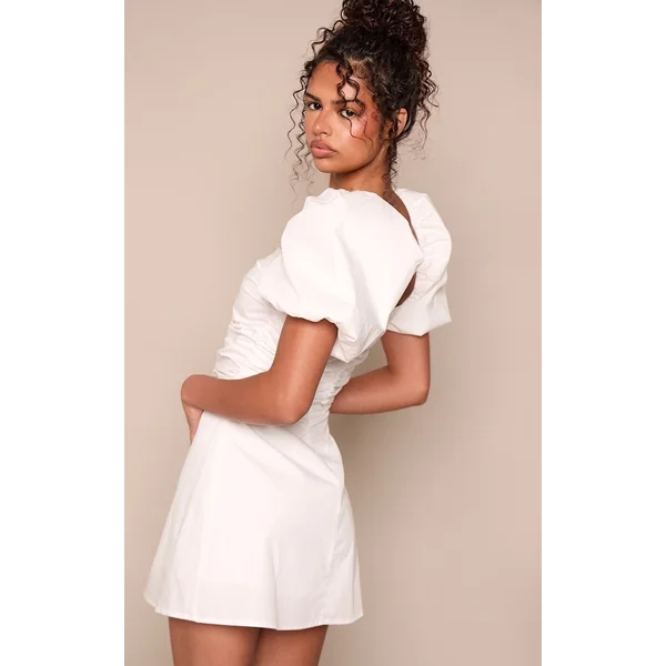 Blanc Robe Courte Tissée À Encolure Droite Et Manches Bouffantes