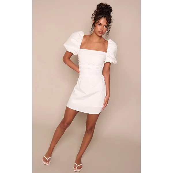 Blanc Robe Courte Tissée À Encolure Droite Et Manches Bouffantes