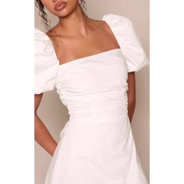 Blanc Robe Courte Tissée À Encolure Droite Et Manches Bouffantes