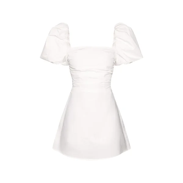 Blanc Robe Courte Tissée À Encolure Droite Et Manches Bouffantes