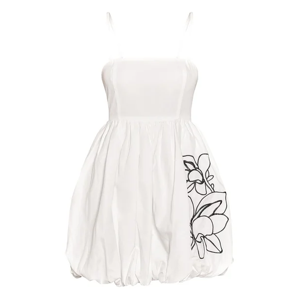 Blanc Robe Courte À Bretelles Avec Jupe Bouffante Brodée