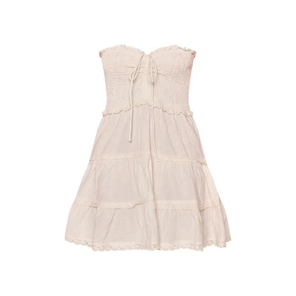 Blanc Robe Droite Bustier À Smocks Et Broderie Anglaise