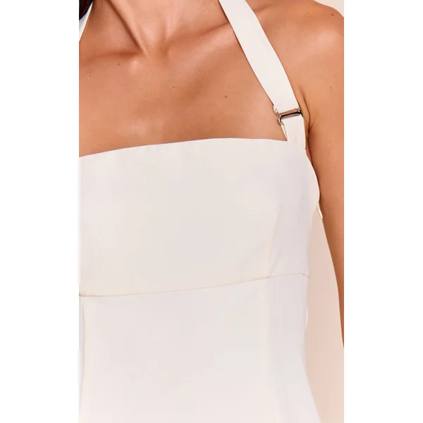 Blanc Robe Droite Col Licou À Détail Boucle