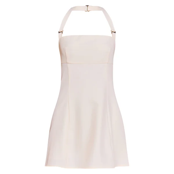 Blanc Robe Droite Col Licou À Détail Boucle