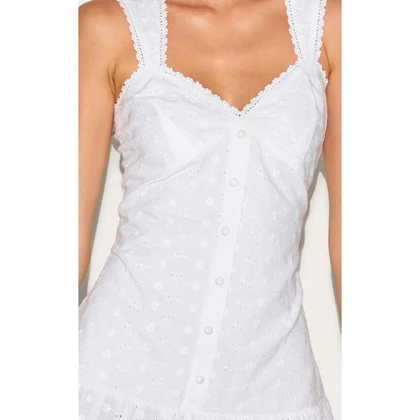 Blanc Robe Droite Sans Manches Brodée Boutonnée Devant