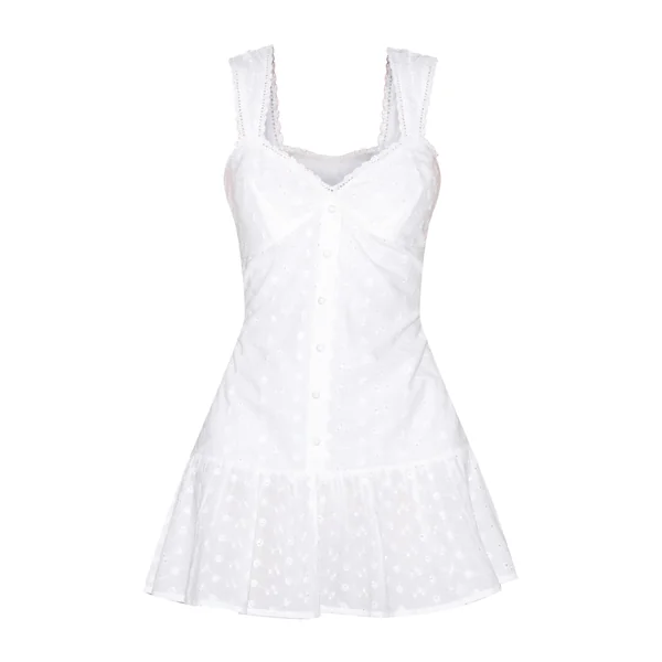 Blanc Robe Droite Sans Manches Brodée Boutonnée Devant