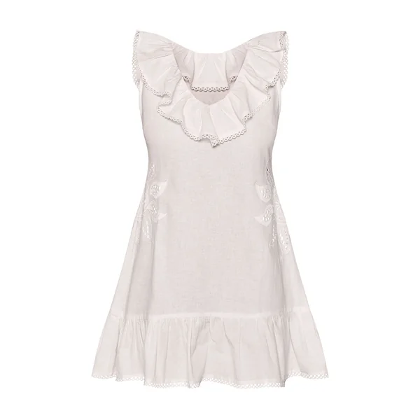 Blanc Robe Droite À Volants Aspect Lin