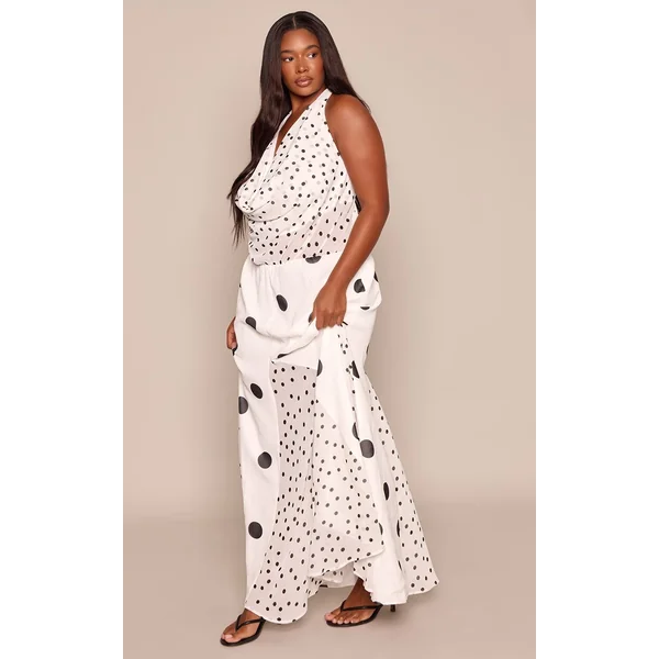 Blanc Robe Longue Satinée Grande Taille À Pois Contrastés Et Encolure Américaine