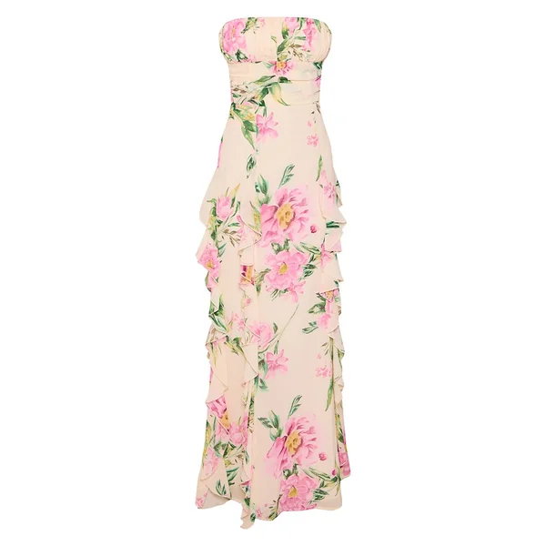 Blanc Robe Maxi Bandeau À Volants Imprimé Fleuri