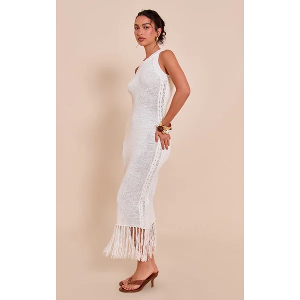 Blanc Robe Maxi En Maille À Col Montant Avec Franges