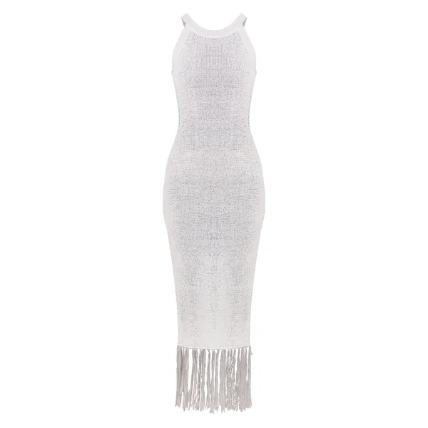 Blanc Robe Maxi En Maille À Col Montant Avec Franges