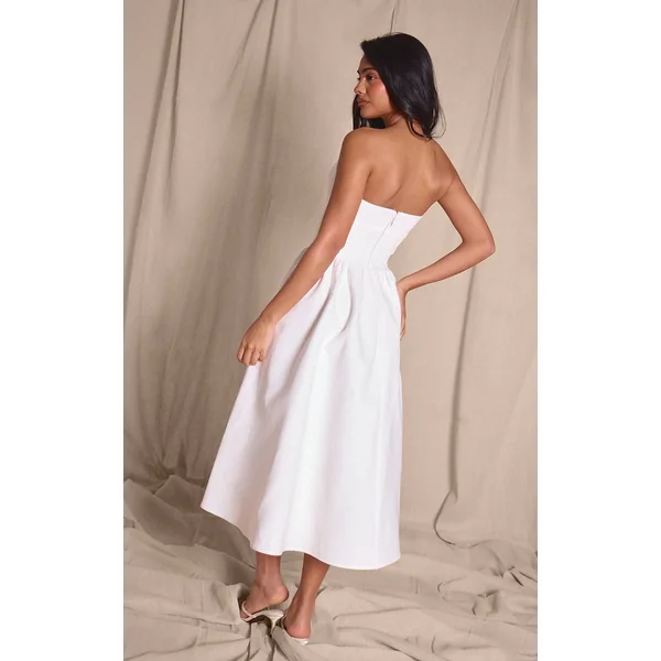 Blanc Robe Midi Patineuse Bustier À Buste Pointu En Tissu Tissé Premium