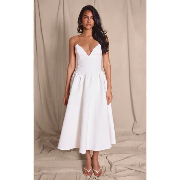 Blanc Robe Midi Patineuse Bustier À Buste Pointu En Tissu Tissé Premium