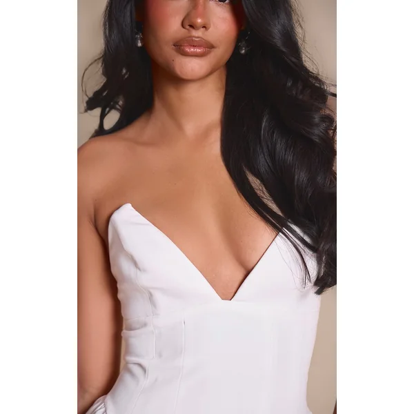 Blanc Robe Midi Patineuse Bustier À Buste Pointu En Tissu Tissé Premium