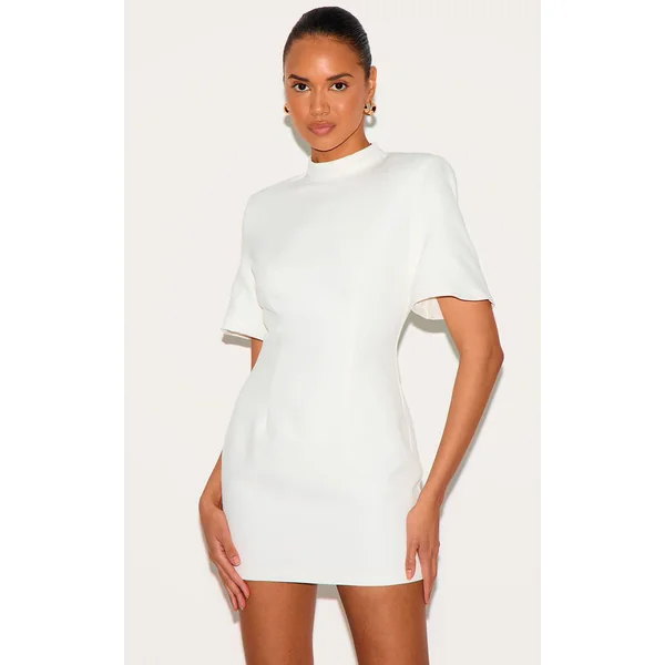 Blanc Robe Mini Cintrée Dos Nu En Tissu Tissé