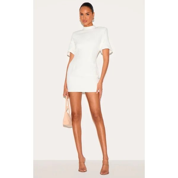Blanc Robe Mini Cintrée Dos Nu En Tissu Tissé