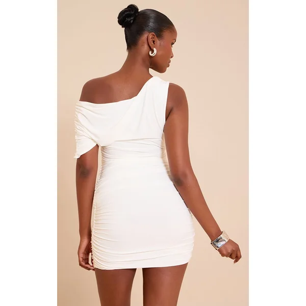 Blanc Robe Mini Drapée À Détails Froncés En Tissu Slinky Double Épaisseur