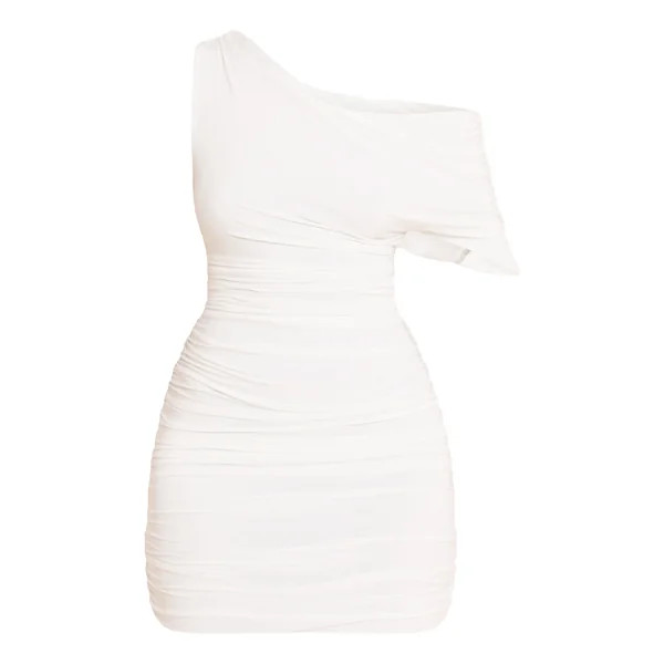Blanc Robe Mini Drapée À Détails Froncés En Tissu Slinky Double Épaisseur