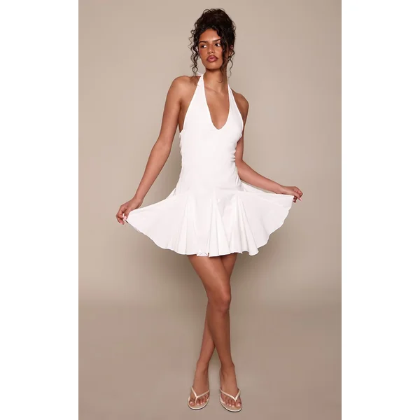 Blanc Robe Mini Droite À Godets Et Col Licou En Tissu Tissé