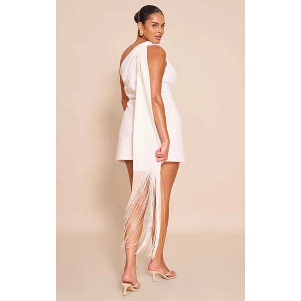 Blanc Robe Mini Grande Taille Tissée Avec Détail Écharpe À Franges