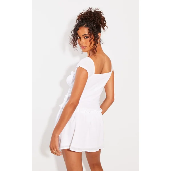 Blanc Robe Moulante Texturée Froncée À Manches Bouffantes