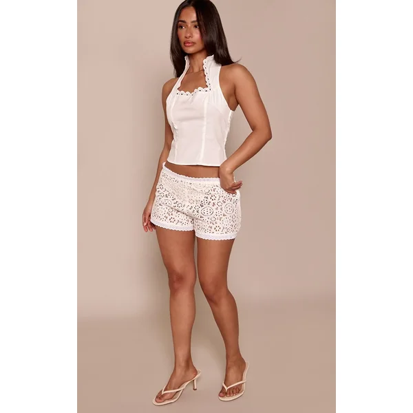 Blanc Top Ajusté Sans Manches À Col Broderie Anglaise Cœur Petite