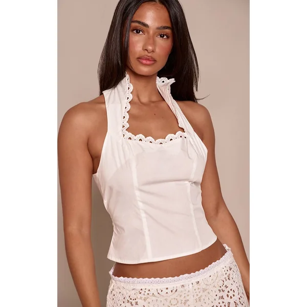 Blanc Top Ajusté Sans Manches À Col Broderie Anglaise Cœur Petite