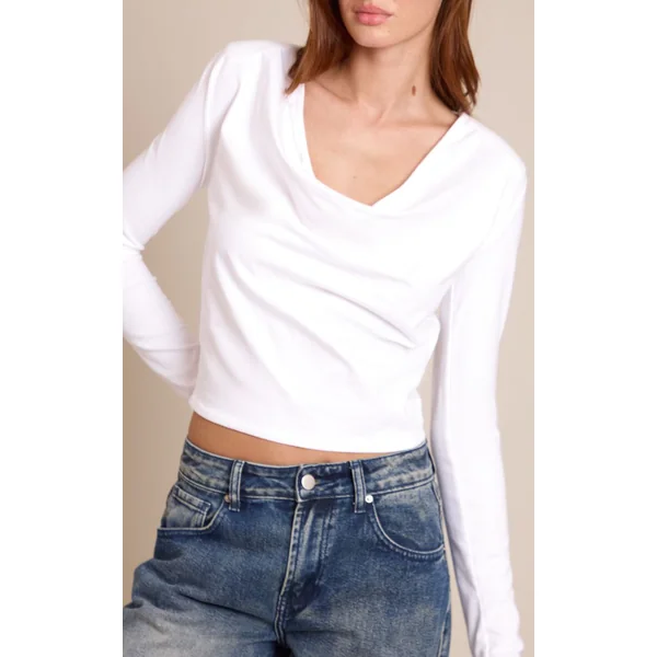 Blanc Top En Coton À Manches Longues Avec Col Bénitier Et Épaulettes
