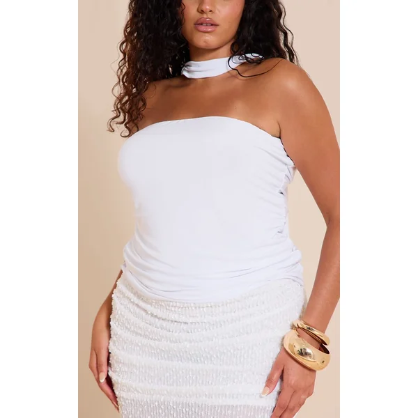 Blanc Top Grande Taille En Jersey Double Couche À Col Foulard Et Bandeau