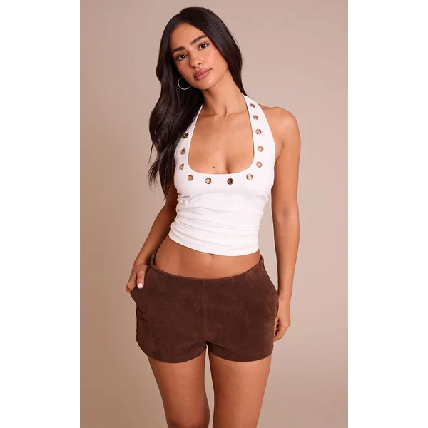 Blanc Top Long Petite Col Halter Avec Détails Œillets