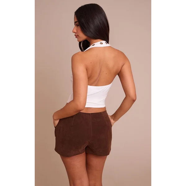 Blanc Top Long Petite Col Halter Avec Détails Œillets