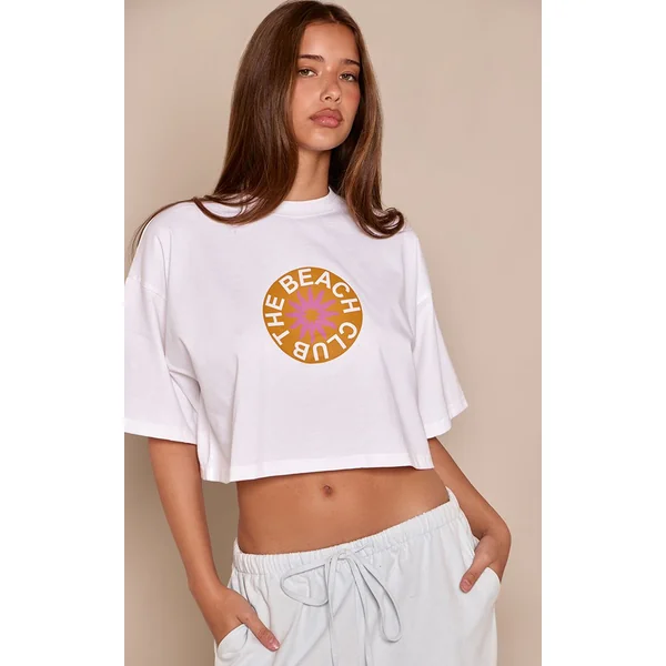 Blanc T-shirt Court Imprimé Beach Club En Coton