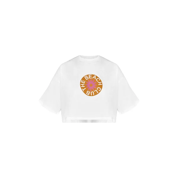 Blanc T-shirt Court Imprimé Beach Club En Coton