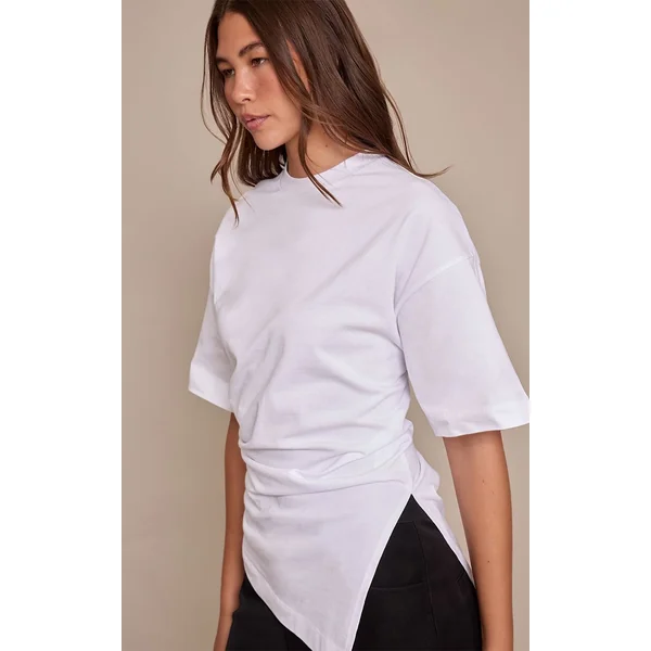 Blanc T-shirt Oversize En Coton Avec Détail Froncé Sur Les Côtés