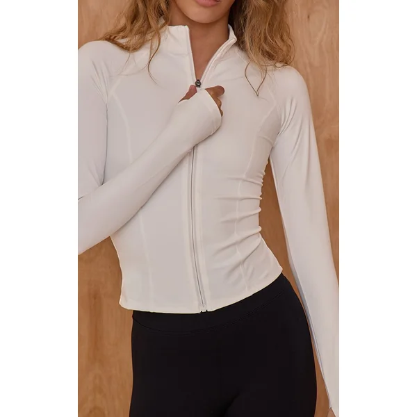Blanc Veste De Sport Zippée Sable Avec Détails De Coutures Sculptées