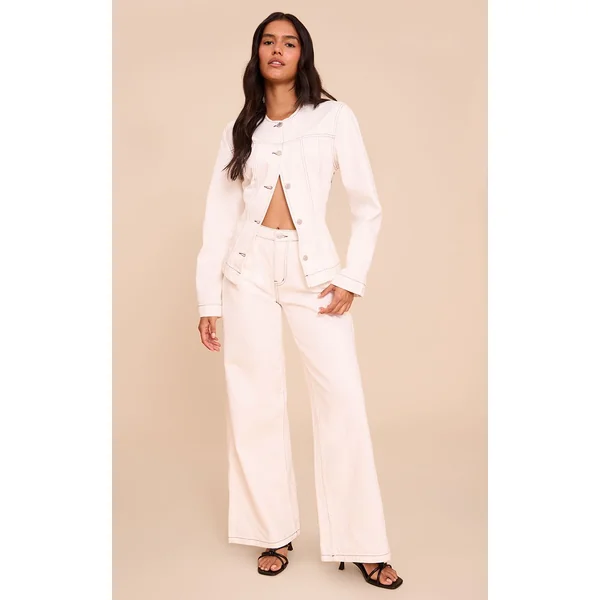 Blanc Veste En Jean Cintrée À Manches Longues Avec Surpiqûres Contrastées