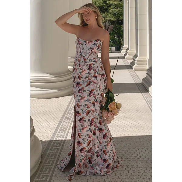 Blenheim | Robe longue moulante corset à fleurs blanche