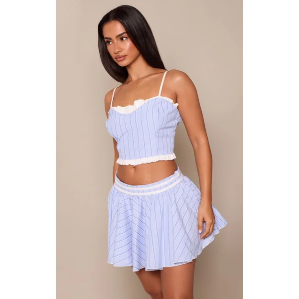 Bleu & Blanc Jupe Patineuse Mini Rayée Petite Taille