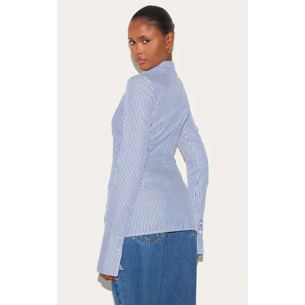 Bleu Chemise Cintrée Tissée À Fines Rayures