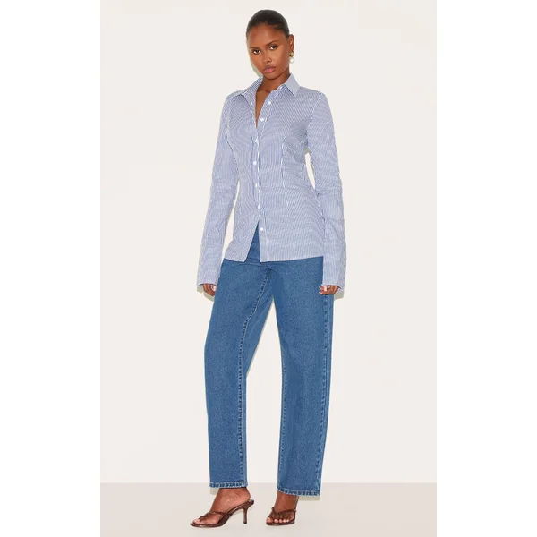 Bleu Chemise Cintrée Tissée À Fines Rayures