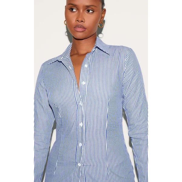 Bleu Chemise Cintrée Tissée À Fines Rayures