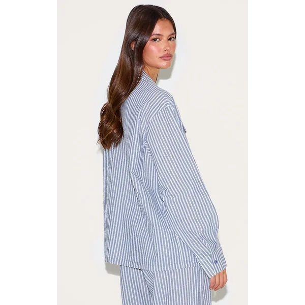 Bleu Chemise Oversize En Lin Rayé Avec Poche Détail