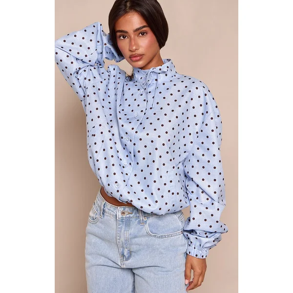 Bleu Chemise Petite À Pois À Col Montant Avec Détail Nœud Et Manches Longues
