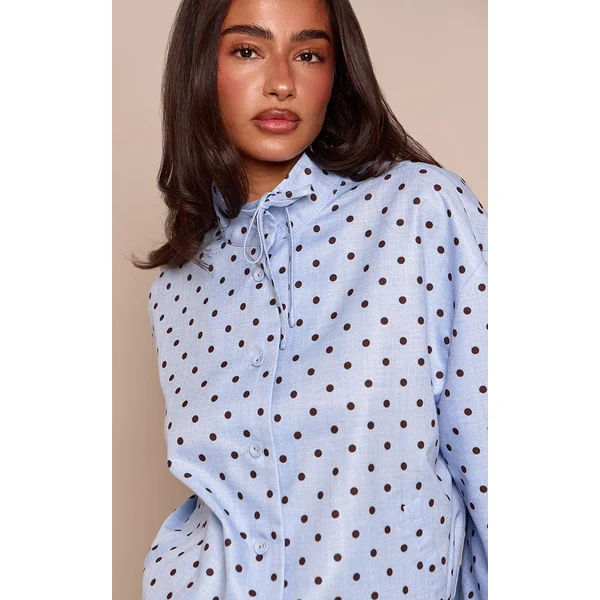 Bleu Chemise Petite À Pois À Col Montant Avec Détail Nœud Et Manches Longues