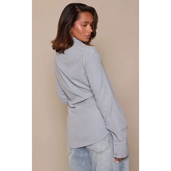 Bleu Chemise Shape En Tissu Peau De Pêche Avec Détail Froncé À La Taille Devant