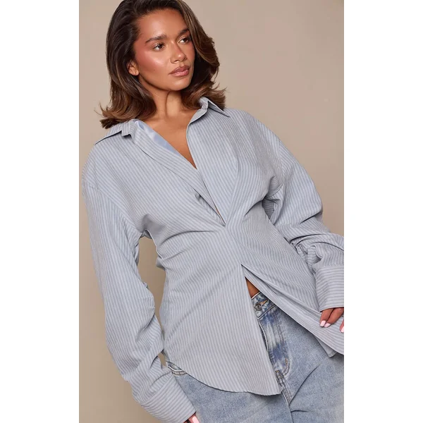 Bleu Chemise Shape En Tissu Peau De Pêche Avec Détail Froncé À La Taille Devant
